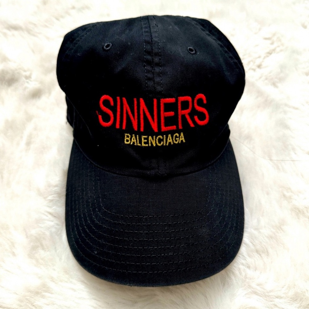 Balenciaga Sinners Cap Hat Black Denim Distressed w/Logo, Unisex Adjustable, NWT